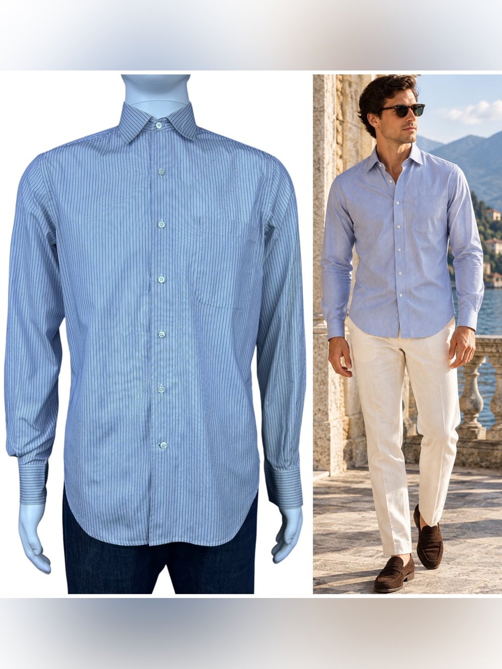 Loro Piana Dress Shirt Mens 15 38 Blue Striped Button Up Cotton Luxury Italy